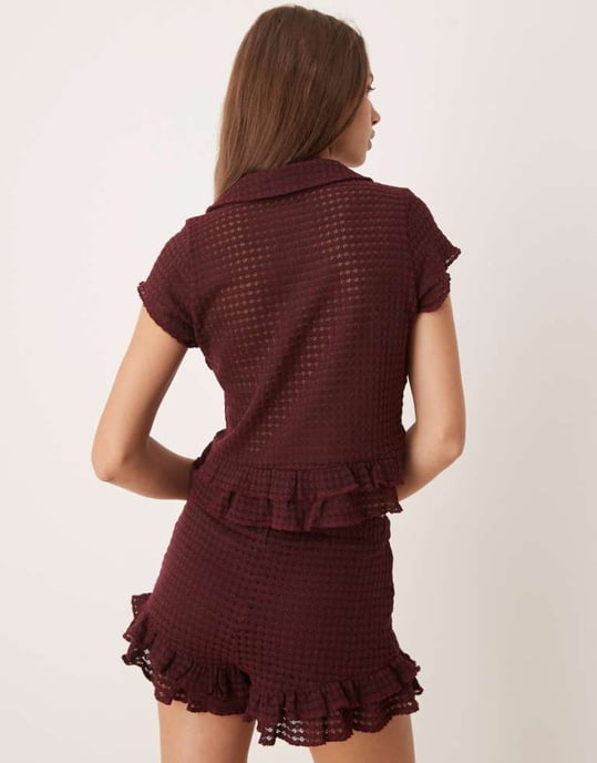 ASOS DESIGN co-ord virkad knapplång topp med volangärmar och nederkant i bär färg - Image 3