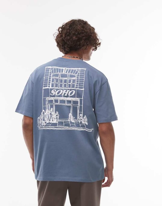 Topman avslappnad t-shirt med fram- och baksidan Soho-tryck i blått - Image 2
