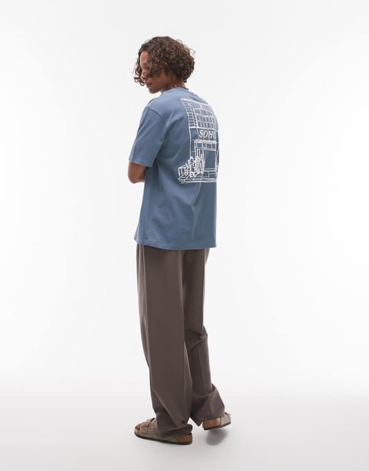 Topman avslappnad t-shirt med fram- och baksidan Soho-tryck i blått - Image 3