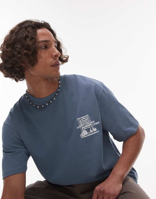 Topman avslappnad t-shirt med fram- och baksidan Soho-tryck i blått - Image 4