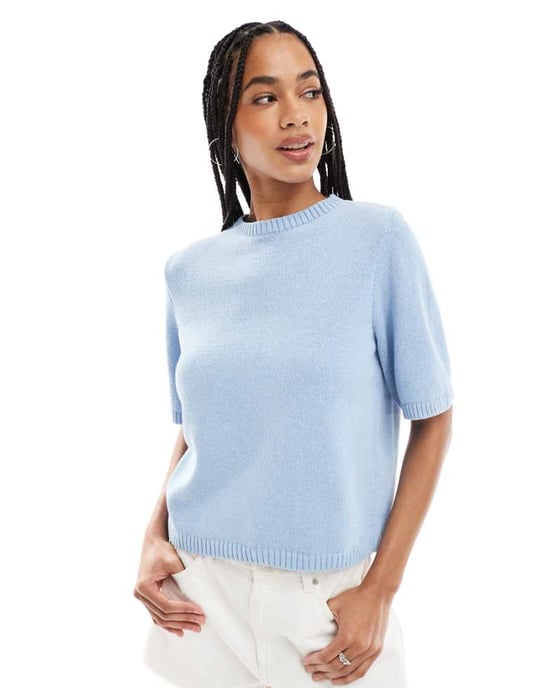 ASOS DESIGN stickad topp med halv ärm i ljusblått - Image 1