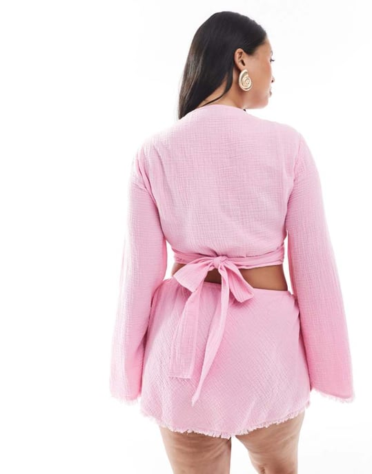 ASOS DESIGN Curve Callie cheesecloth fransad strandkjol i rosa - Image 3