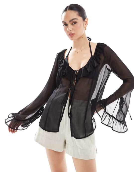 Miss Selfridge strand chiffon knyt fram överdrag i svart - Image 1