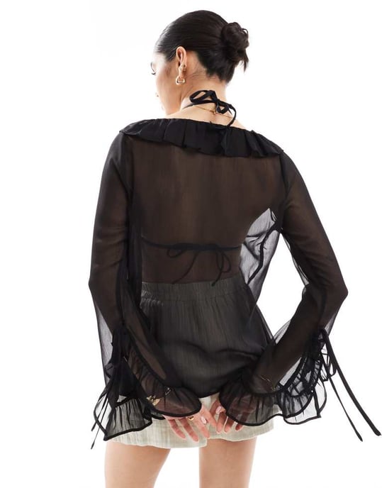 Miss Selfridge strand chiffon knyt fram överdrag i svart - Image 4