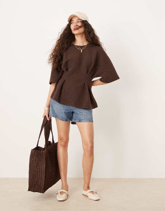 ASOS DESIGN kortärmad topp i chokladblommig jacquard - Image 2