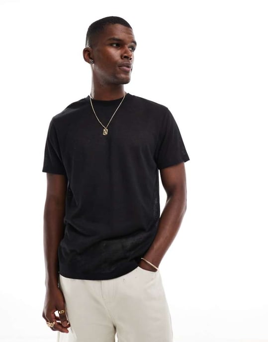 ASOS DESIGN crew neck t-shirt i svart linnelook - Image 1
