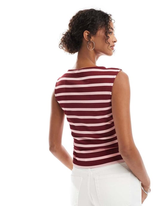ASOS DESIGN randig knappgenomgång ärmlös topp i rosa - Image 4