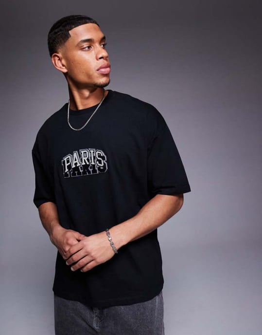 ASOS DESIGN oversize t-shirt med stadsgrafik på bröstet i svart - Image 1
