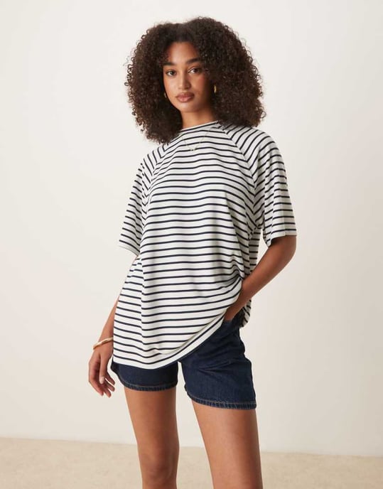 ASOS DESIGN samordnad interlock oversized t-shirt i marinblå och vit rand - Image 1