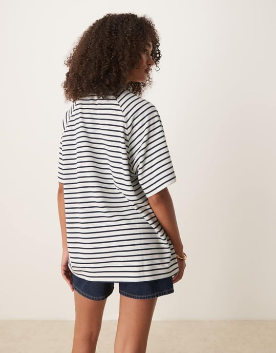 ASOS DESIGN samordnad interlock oversized t-shirt i marinblå och vit rand - Image 3