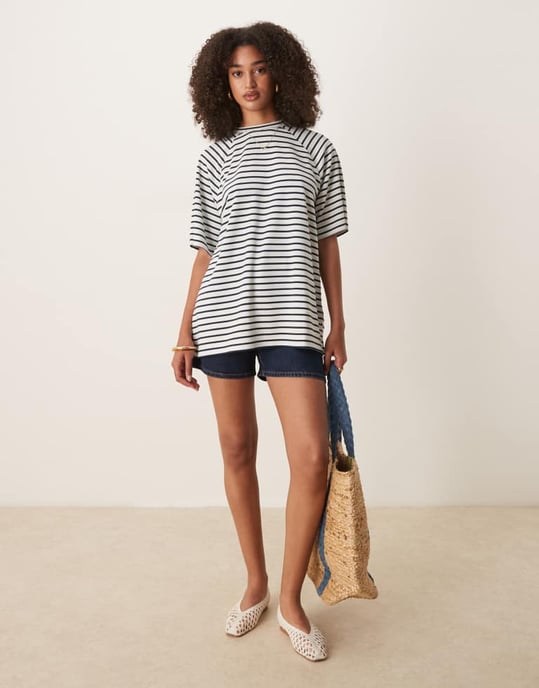 ASOS DESIGN samordnad interlock oversized t-shirt i marinblå och vit rand - Image 4