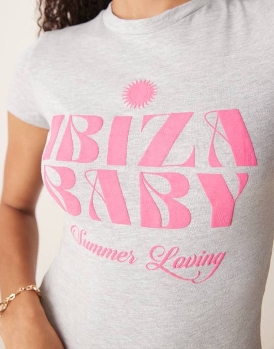 ASOS DESIGN baby tee med Ibiza-grafik i gråmelerad - Image 2