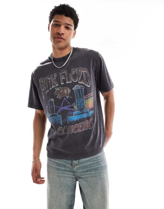 Jack & Jones oversize t-shirt med Pink Floyd-tryck på baksidan i grått - Image 1