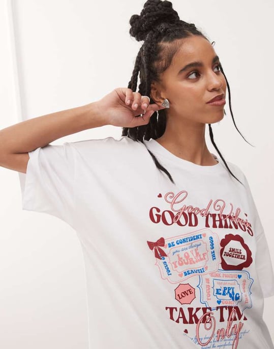 Noisy May oversize t-shirt med tryck av goda saker i vitt - Image 2