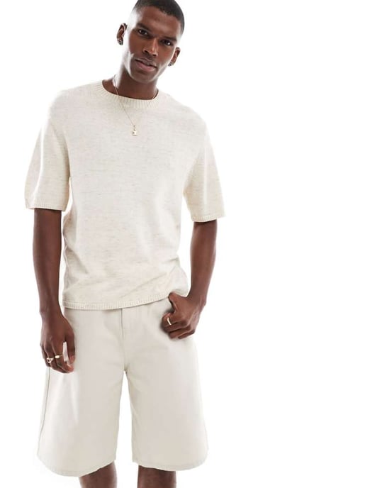 Hollister stickad kortärmad topp i beige - Image 1