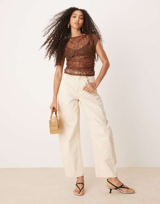 ASOS DESIGN genomskinlig spets off-shoulder rynkad top i brunt - Image 3