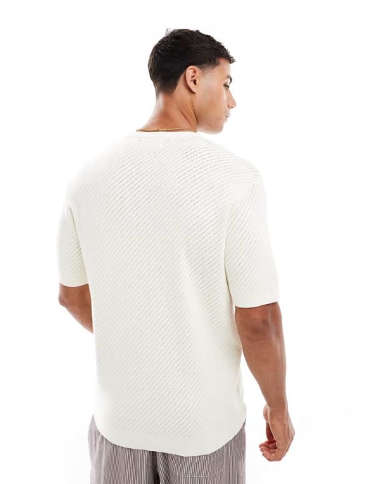 Sliten bomullsrik stickad t-shirt i ecru - Image 3