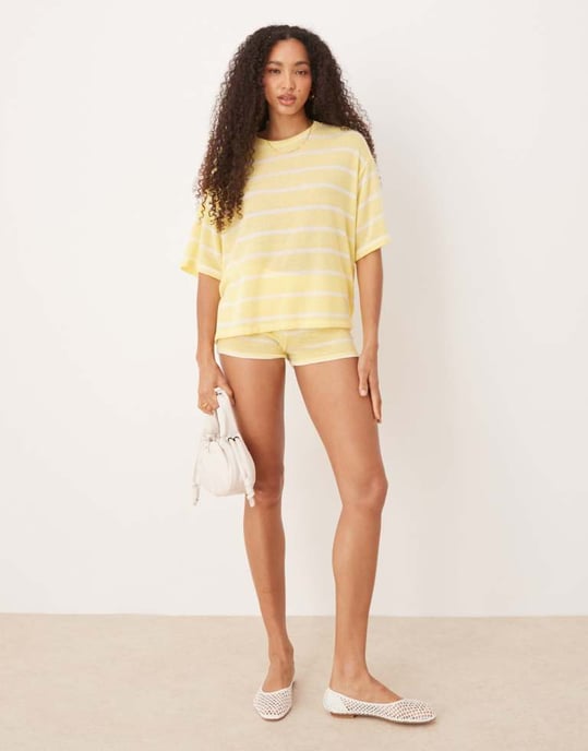 ASOS DESIGN stickad oversized t-shirt set i gul och vit randig - Image 2