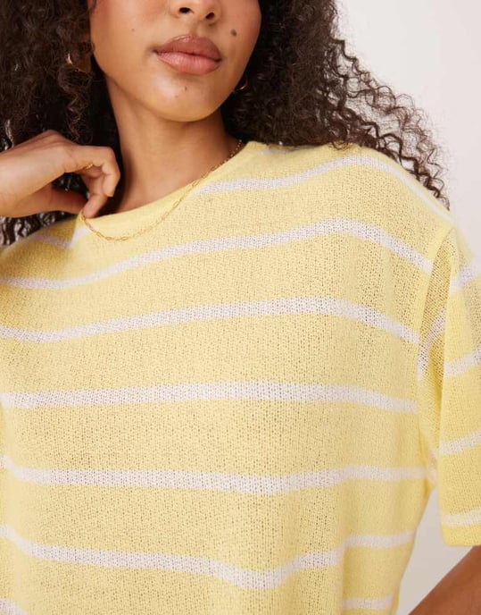 ASOS DESIGN stickad oversized t-shirt set i gul och vit randig - Image 3