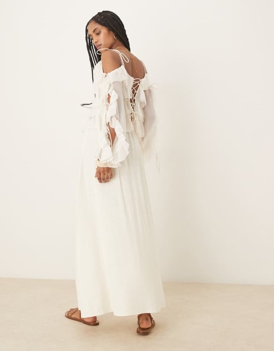 ASOS DESIGN linne-liknande A-linjeformad maxikjol i elfenben - Image 2