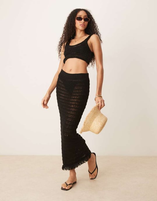 ASOS DESIGN stickad strandmaxikjol med fransar i svart - Image 3