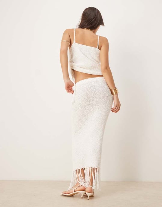 ASOS DESIGN stickad slub midaxi kjol koord i creme - Image 3
