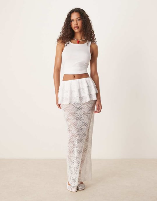 ASOS DESIGN genomskinlig spetskolonn maxi kjol med volangt ärm i elfenben - Image 1