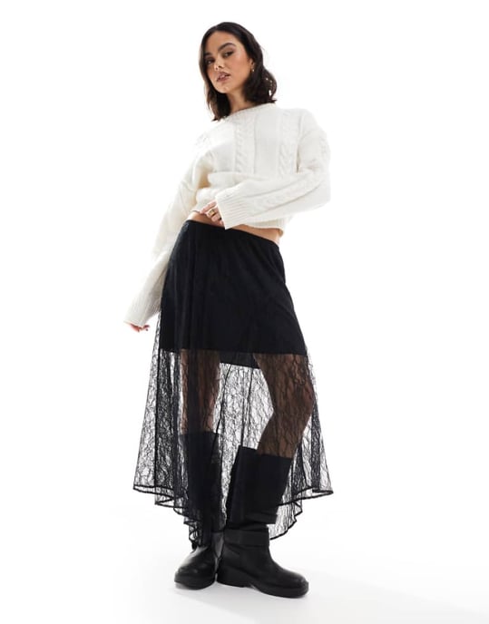 ASOS DESIGN asymmetrisk spetsöverdrag midi kjol i svart - Image 1