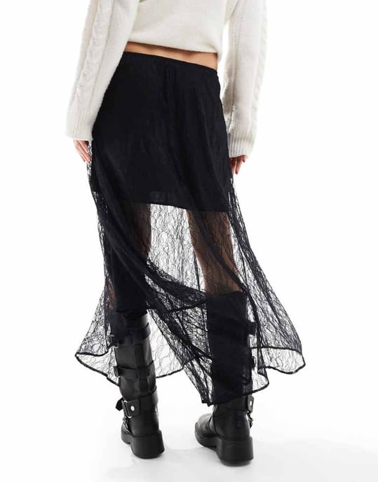 ASOS DESIGN asymmetrisk spetsöverdrag midi kjol i svart - Image 2
