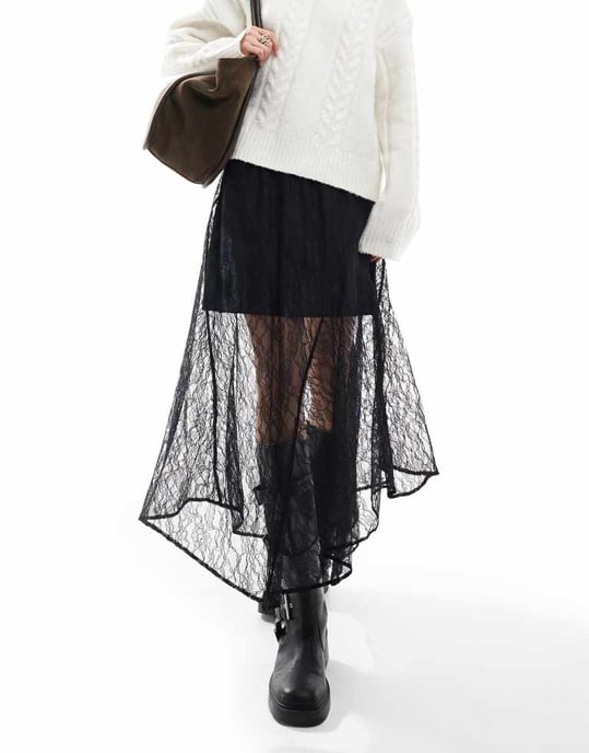 ASOS DESIGN asymmetrisk spetsöverdrag midi kjol i svart - Image 3