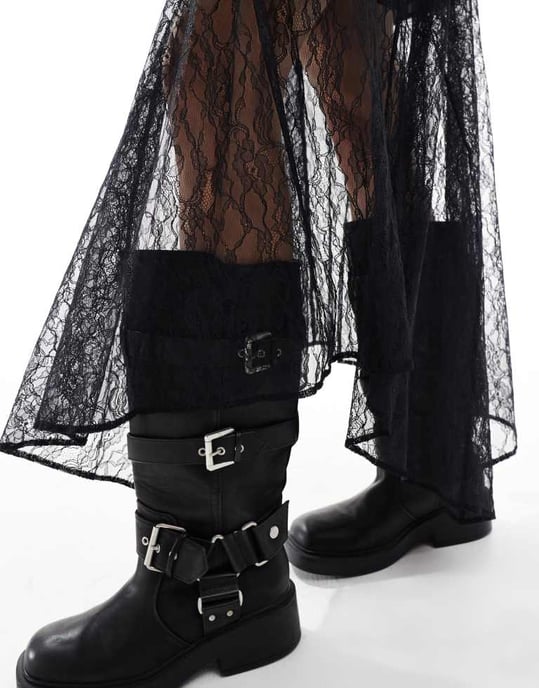 ASOS DESIGN asymmetrisk spetsöverdrag midi kjol i svart - Image 4