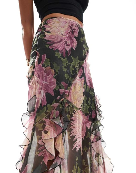 ASOS DESIGN volang split maxi kjol i blommönster - Image 2