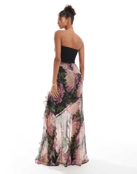 ASOS DESIGN volang split maxi kjol i blommönster - Image 4