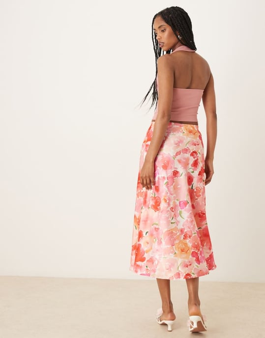 YAS satin midi kjol i rosa akvarellblommönster - Image 3