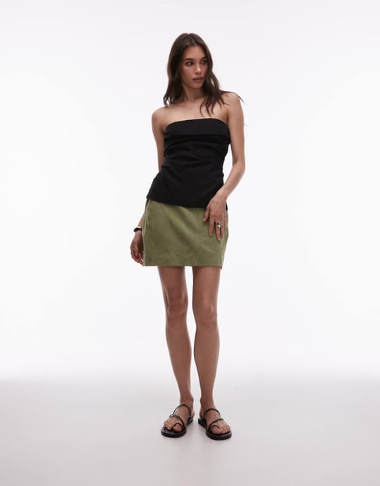 Topshop samordnad äkta mocka pelmet midja mini kjol i khaki - Image 1