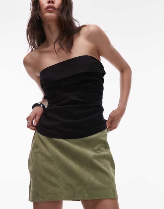 Topshop samordnad äkta mocka pelmet midja mini kjol i khaki - Image 2