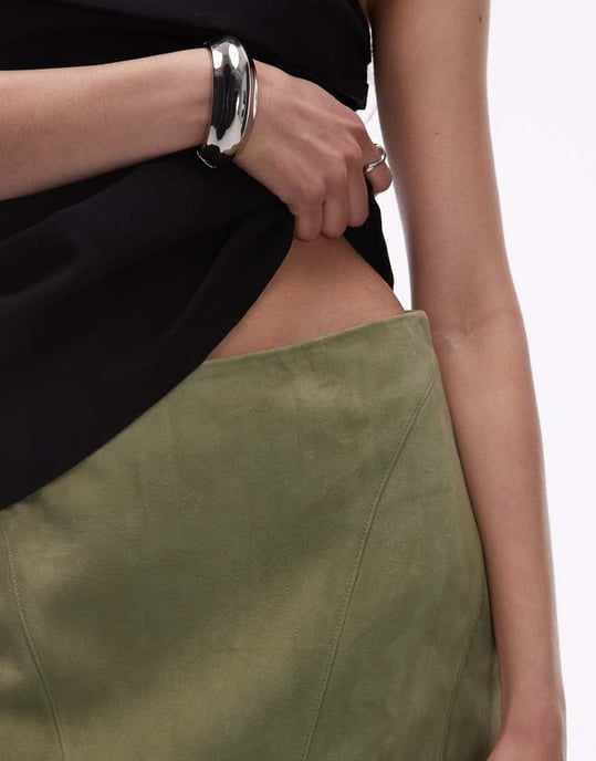 Topshop samordnad äkta mocka pelmet midja mini kjol i khaki - Image 3