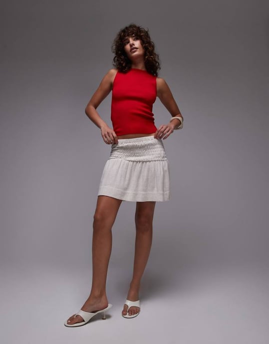 Topshop hög midja linne mini kjol med rynkade sidor i naturlig färg - Image 1