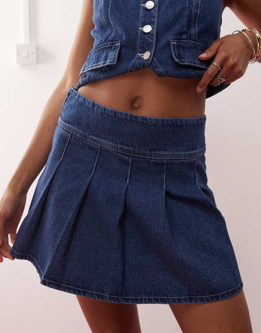 Återvunnen vintage västerländsk denim plisserad minikjol koord i indigo tvätt - Image 2