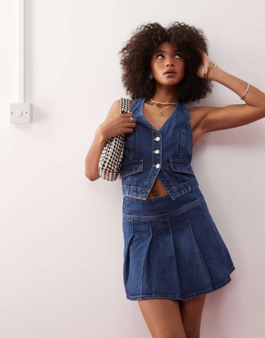 Återvunnen vintage västerländsk denim plisserad minikjol koord i indigo tvätt - Image 3