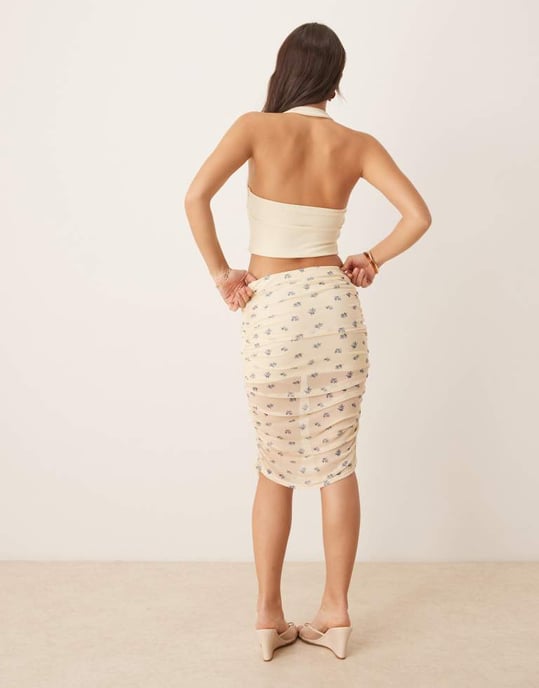 ASOS DESIGN rynkad mesh kjol över knäet i gul blommig mönster - Image 3