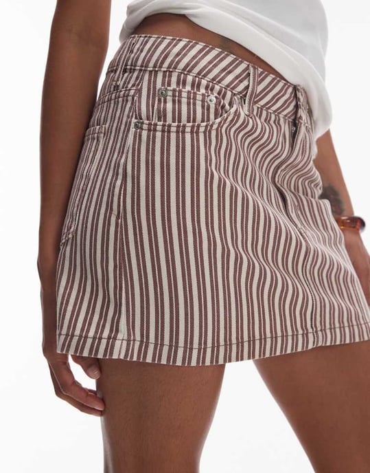 Topshop denim plisserad mini kjol i vinröd och gräddfärgad rand - Image 2