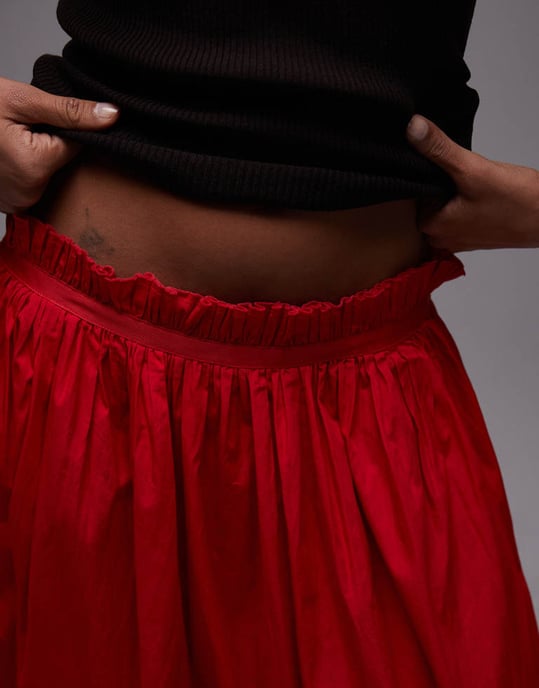Topshop krinklad bomulls-tvättad full kjol i röd - Image 4