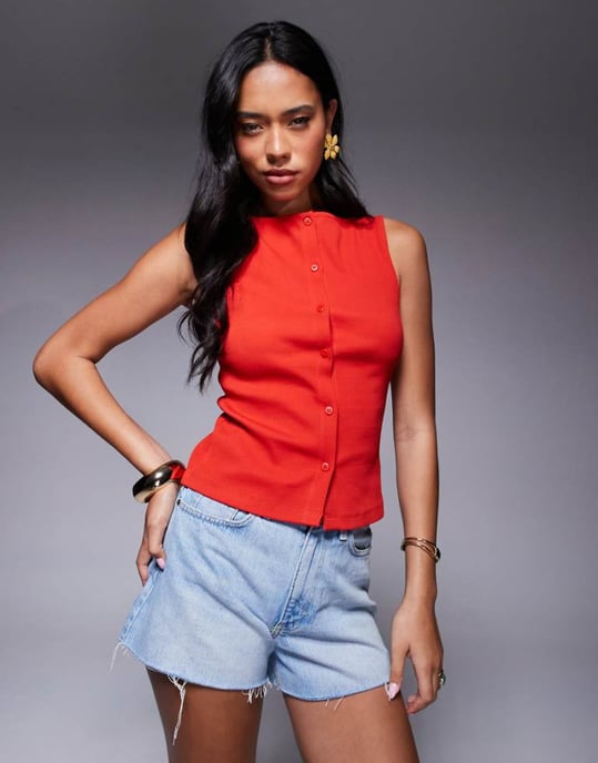 ASOS DESIGN bredhalsad ribbad knapplång topp i röd - Image 1