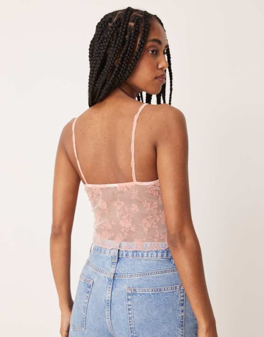 ASOS DESIGN devore mesh volang topp i pastellrosa - Image 2
