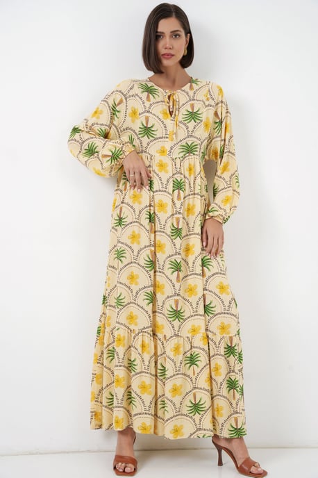 Tropical Printed Maxi Dress with Button Closure - Image 1