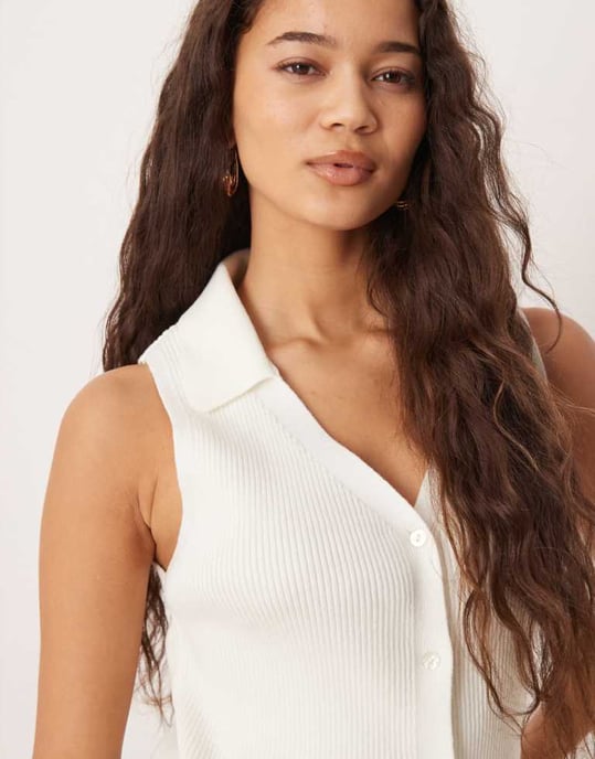 ASOS DESIGN ribbad krage stickad topp i vit - Image 3