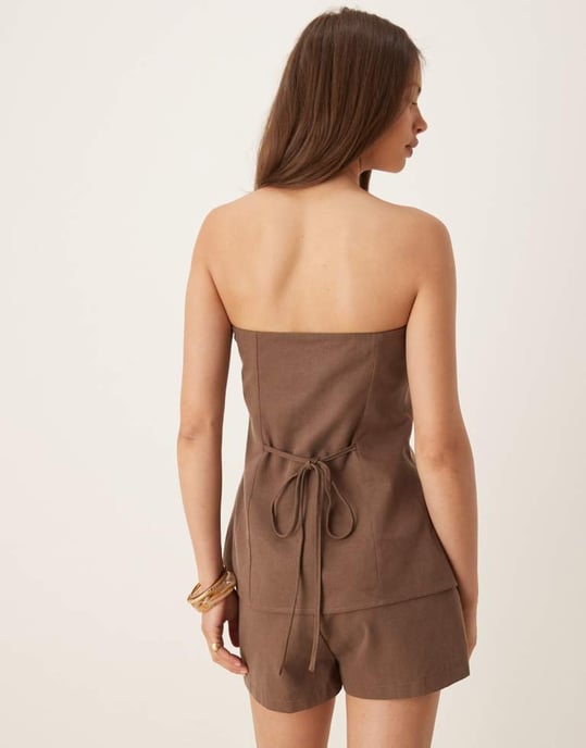 SNDYS linne-look bandeau guldknapp knyt bak midjevästkoordinat i brun - Image 2