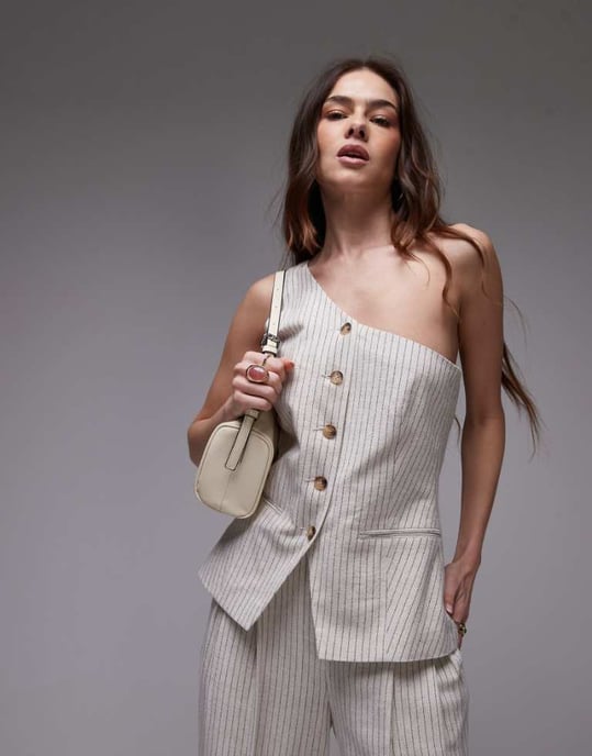 Topshop koord linne randig enaxlad topp i krämfärg - Image 1