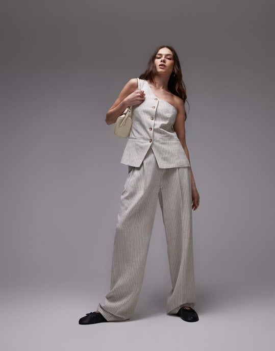 Topshop koord linne randig enaxlad topp i krämfärg - Image 2